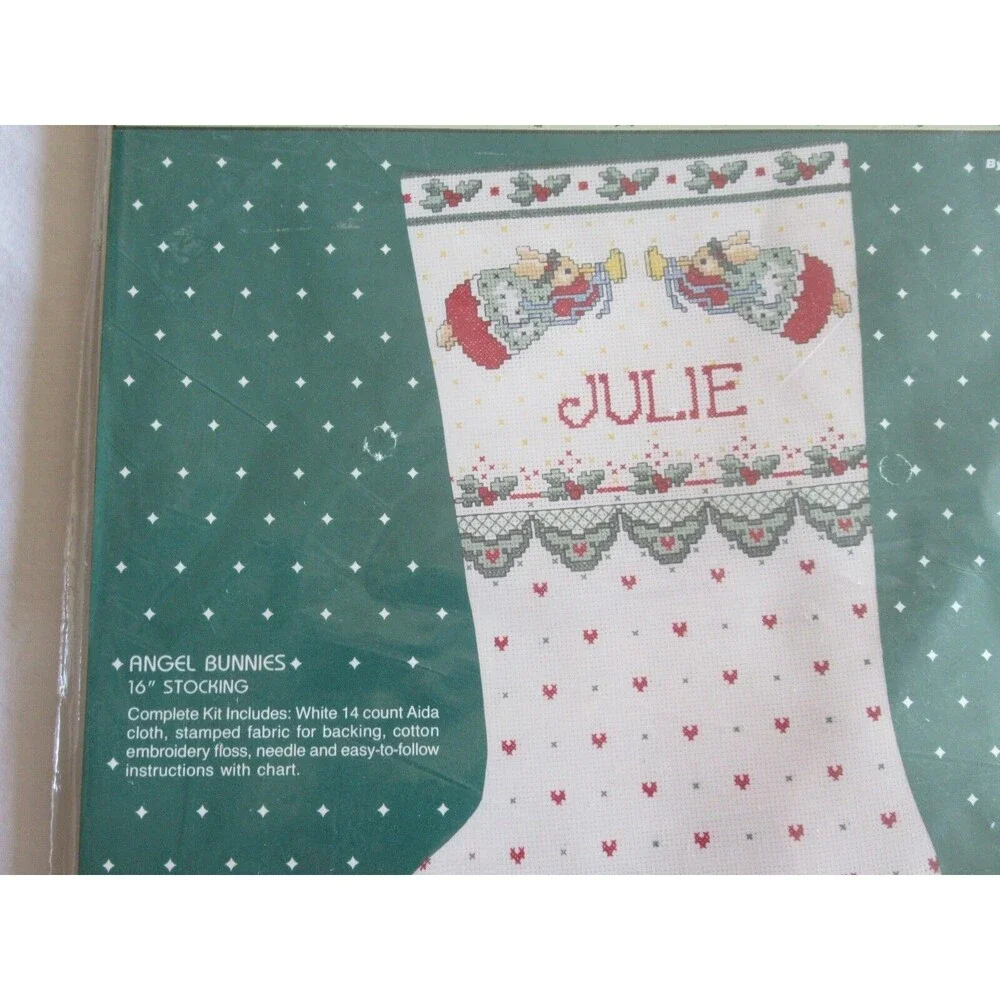 Daisy Kingdom Cross Stitch Kit Angel Bunnies Christmas Stocking #82873  Bucilla